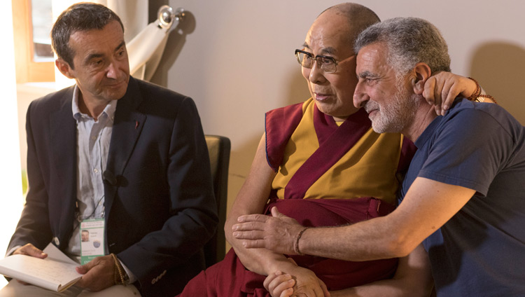 His Holiness the Dalai Lama with Mayor of Messina Renato Accorinti meeting members of the press at his hotel in Taormina, Sicily, Italy on September 16, 2017. Photo by Paolo Regis