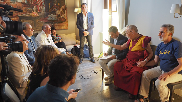 His Holiness the Dalai Lama speaking to members of the press at his hotel in Taormina, Sicily, Italy on September 16, 2017. Photo by Jeremy Russell