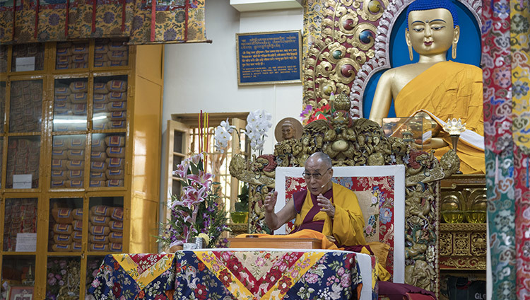 His Holiness the Dalai Lama speaking on the second day of his teachings at the Main Tibetan Temple in Dharamsala, HP, India on October 4, 2016. Photo/Tenzin Choejor/OHHDL