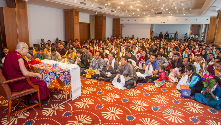 His Holiness the Dalai Lama speaking to members of the Tibetan community, mostly from Austria, in Bratislava, Slovakia on October 16, 2016. Photo/Somogyi