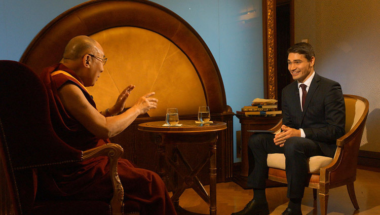 His Holiness the Dalai Lama being interviewed for Czech TV24 in Prague, Czech Republic on October 17, 2016. Photo/Jeremy Russell/OHHDL