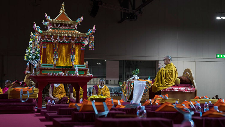 His Holiness the Dalai Lama engaging in preparatory rituals for the Avalokiteshvara empowerment in Milan, Italy on October 22, 2016. Photo/Tenzin Choejor/OHHDL