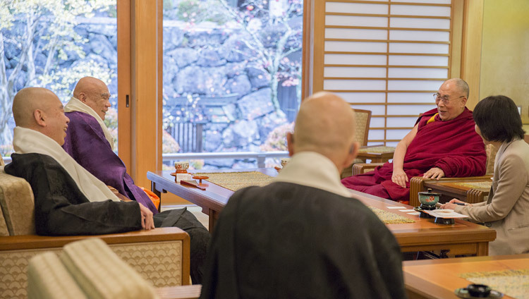 His Holiness the Dalai Lama speaking with senior priests at the main temple in Koyasan, Japan on November 14, 2016. Photo/Jigme Choephel