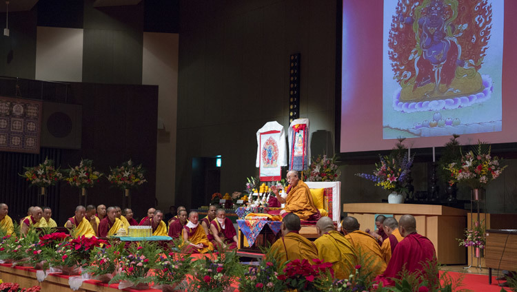 His Holiness the Dalai Lama speaking at the main hall in Koyasan, Japan on November 14, 2016. Photo/Jigme Choephel