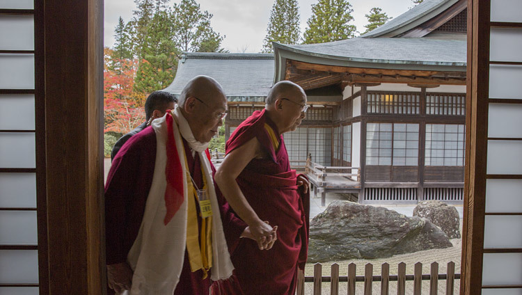 His Holiness the Dalai Lama walking with senior priests at the conclusion of his teaching at the main temple in Koyasan, Japan on November 14, 2016. Photo/Jigme Choephel
