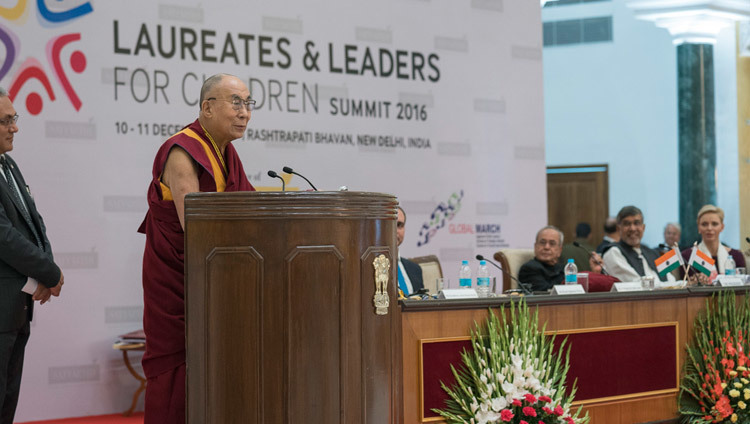 His Holiness the Dalai Lama speaking at the  Laureates and Leaders for Children Summit in New Delhi, India on December 10, 2016. Photo/Tenzin Choejor/OHHDL