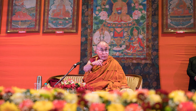 His Holiness the Dalai Lama speaking at Tushita Meditation Centre's 21st Dharma Celebration at the Ashoka Hotel in New Delhi, India on December 11, 2016. Photo/Tenzin Choejor/OHHD