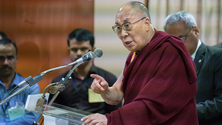 His Holiness the Dalai Lama speaking at the National Law School of India University in Bengaluru, Karnataka, India on December 15, 2016. Photo/Tenzin Choejor/OHHDL