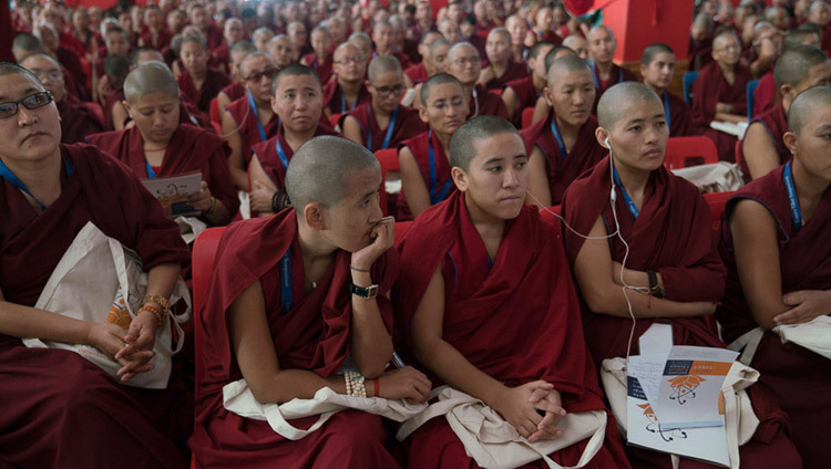 Some of the 260 nuns among the 3000 people attending the Emory Tibet Symposium listening to His Holiness the Dalai Lama speaking at Drepung Loseling in Mundgod, Karnataka, India on December 18, 2016. Photo/Tenzin Choejor/OHHDL