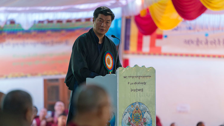Sikyong Dr Lobsang Sangay speaking during ceremonies celebrating the 600h Anniversary of the founding of Drepung Monastery in Mundgod, Karnataka, India on December 21, 2016. Photo/Tenzin Choejor/OHHDL
