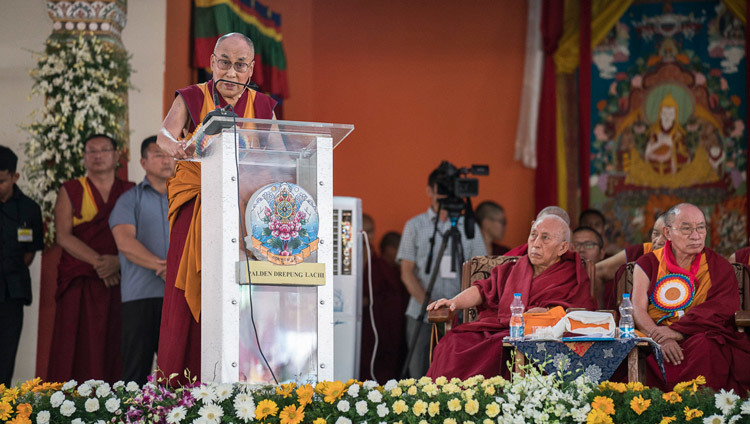 His Holiness the Dalai Lama delivering the keynote address at ceremonies celebrating the 600h Anniversary of Drepung Monastery in Mundgod, Karnataka, India on December 21, 2016. Photo/Tenzin Choejor/OHHDL