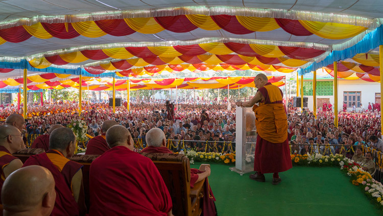 His Holiness the Dalai Lama speaking to the large crowd gathered in the courtyard of Drepung Lachi Assembly Hall to celebrate the 600h Anniversary of Drepung Monastery in Mundgod, Karnataka, India on December 21, 2016. Photo/Tenzin Choejor/OHHDL