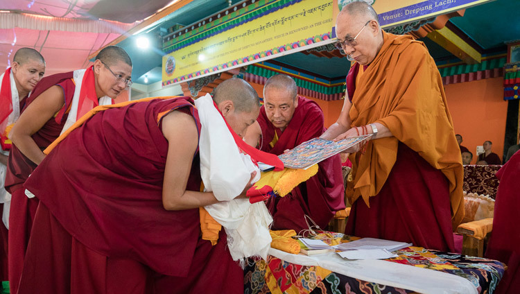 Each of the Geshe-mas receiving their degrees from His Holiness the Dalai Lama at Drepung Lachi in Mundgod, Karnataka, India on December 22, 2016. Photo/Tenzin Choejor/OHHDL