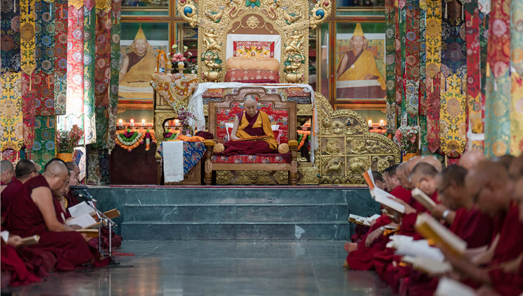 His Holiness the Dalai Lama joining elder monks in recitations of texts by Je Tsongkhapa on the occasion of Ganden Ngacho at Ganden Lachi Monastery in Mundgod, Karnataka, India on December 23, 2016. Photo/Tenzin Choejor/OHHDL