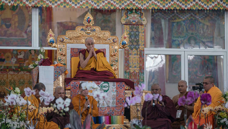 Theravada monks reciting the Mangala Sutta in Pali at the start of His Holiness the Dalai Lama's teachings preliminary to the Kalachakra Empowerment in Bodhgaya, Bihar, India on January 5, 2017. Photo/Tenzin Choejor/OHHDL