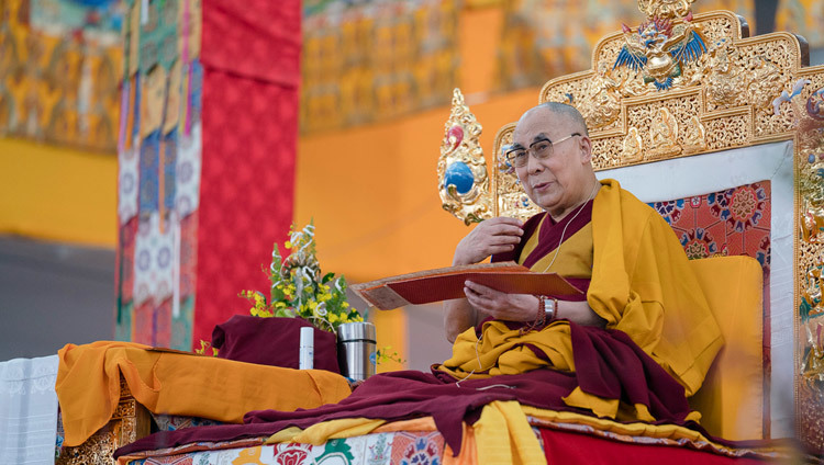 His Holiness the Dalai Lama during the third day of his preliminary teachings for the Kalachakra Empowerment in Bodhgaya, Bihar, India on January 7, 2017. Photo/Tenzin Choejor/OHHDL