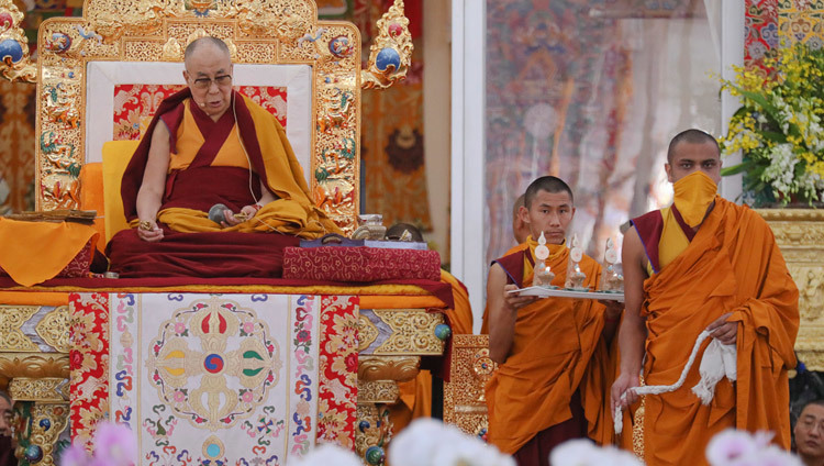 His Holiness the Dalai Lama on the first day of the Kalachakra Empowerment, Entry into the Mandala, in Bodhgaya, Bihar, India on January 11, 2017. Photo/Ven Lobsang Kunga/OHHDL