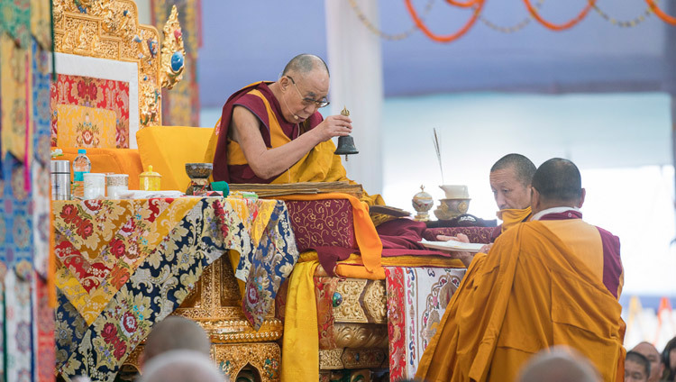 His Holiness the Dalai Lama during the second day of the Kalachakra Empowerment, Seven Empowerments in the Pattern of Childhood, in Bodhgaya, Bihar, India on January 12, 2017. Photo/Tenzin Choejor/OHHDL