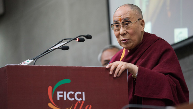 His Holiness the Dalai Lama speaking to the Ladies Wing of the Federation of Indian Chamber and Commerce and Industries in New Delhi, India on January 21, 2017. Photo/Tenzin Choejor/OHHDL