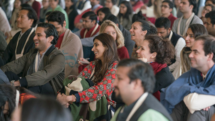   Members of the audience listening to His Holiness the Dalai Lama speaking on the second day of the Vidyaloke teachings in New Delhi, India on February 4, 2017. Photo/Tenzin Choejor/OHHDL