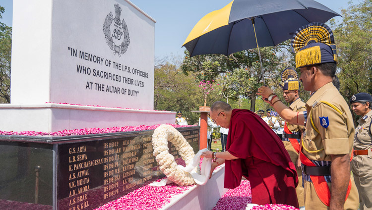 His Holiness the Dalai Lama laying a wreath at the Martyr's Memorial at the Sardar Vallabhbhai Patel National Police Academy in Hyderabad, Telangana, India on February 11, 2017. Photo by Tenzin Choejor/OHHDL