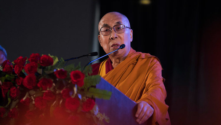 His Holiness the Dalai Lama delivering his keynote address at the inauguration of an International Conference on the Relevance of Buddhism in the 21st Century in Rajgir, Bihar, India on March 17, 2017. Photo by Tenzin Choejor/OHHDL