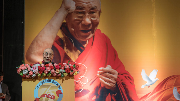 His Holiness the Dalai Lama speaking at at the Platinum Jubilee Celebration of the Assam Tribune in Guwahati, Assam, India on April 1, 2017. Photo by Tenzin Choejor/OHHDL