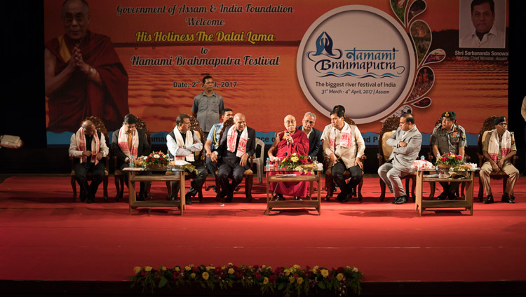 His Holiness the Dalai Lama speaking at the Namami Brahmaputra Festival in Guwahati, Assam, India on April 2, 2017. Photo by Tenzin Choejor/OHHDL