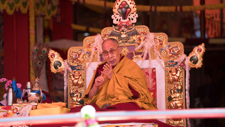 His Holiness the Dalai Lama during the final day of his teachings at the Yiga Choezin teaching ground in Tawang, Arunachal Pradesh, India on April 10, 2017. Photo by Tenzin Phuntsok/OHHDL