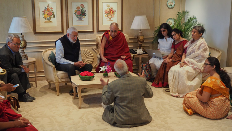 His Holiness the Dalai Lama meeting with the Core Committee working on the Curriculum for Universal Ethics in New Delhi, India on April 27, 2017. Photo by Jeremy Russell/OHHDL