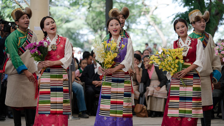 Artists from TIPA performing a song composed to celebrate His Holiness the Dalai Lama's 80th Birthday at the public reception for the bipartisan US Congressional Delegation at the Tsuglagkhang courtyard in Dharamsala, HP, India on May 10, 2017. Photo by Tenzin Choejor/OHHDL