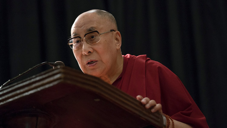 His Holiness the Dalai lama addressing the audience at the launch of Arun Shourie's book "Two Saints" at the Indian International Centre in New Delhi, India on May 25, 2017. Photo by Tenzin Choejor/OHHDL