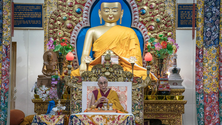 His Holiness the Dalai Lama speaking at the start of the Avalokiteshvara Empowerment at Main Tibetan Temple in Dharamsala, HP, India on May 27, 2017. Photo by Tenzin Choejor/OHHDL