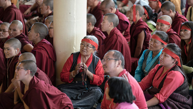 Members of the crowd wearing ritual blindfolds during the Avalokiteshvara Empowerment conferred by His Holiness the Dalai Lama at the Main Tibetan Temple in Dharamsala, HP, India on May 27, 2017. Photo by Tenzin Choejor/OHHDL