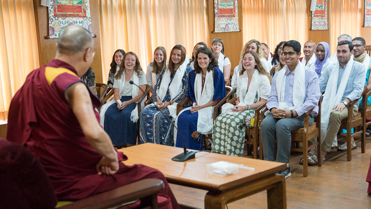 His Holiness the Dalai Lama speaking to a group of students from Emory University at his residence in Dharamsala, HP, India on May 29, 2017. Photo by Tenzin Choejor/OHHDL