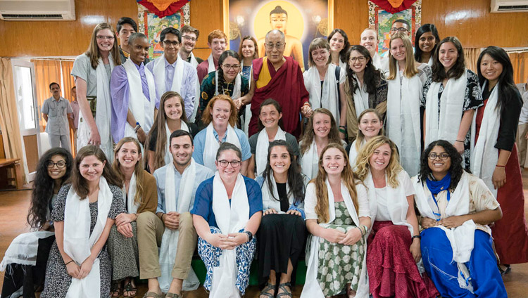 His Holiness the Dalai Lama with students from Emory University taking part in the Emory Tibetan Mind/Body Sciences Summer Abroad Program after their meeting at his residence in Dharamsala, HP, India on May 29, 2017. Photo by Tenzin Choejor/OHHDL