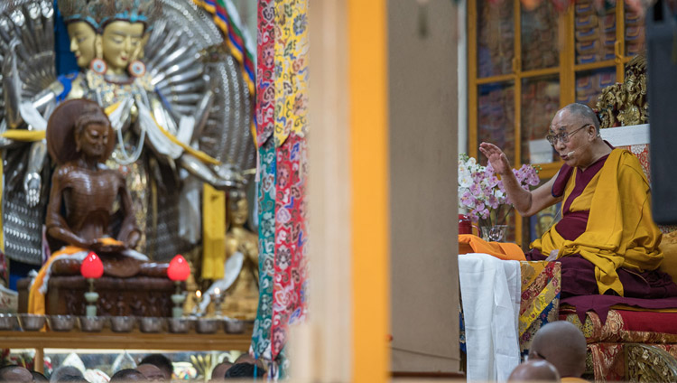 His Holiness the Dalai Lama during the first day of his three day teaching for Tibetan youth at the Main Tibetan Temple in Dharamsala, HP, India on June 5, 2017. Photo by Tenzin Choejor/OHHDL