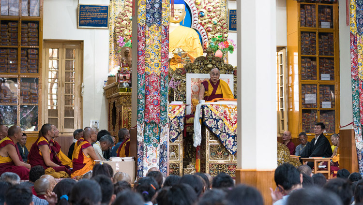 His Holiness the Dalai Lama during the first day of his three day teaching for Tibetan Youth at the Main Tibetan Temple in Dharamsala, HP, India on June 5, 2017. Photo by Tenzin Choejor/OHHDL