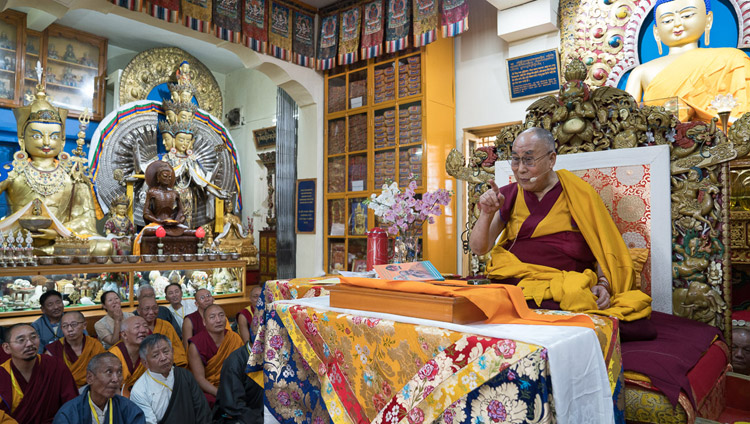 His Holiness the Dalai Lama speaking during the second day of his three day teaching for Tibetan youth at the Main Tibetan Temple in Dharamsala, HP, India on June 6, 2017. Photo by Tenzin Choejor/OHHDL