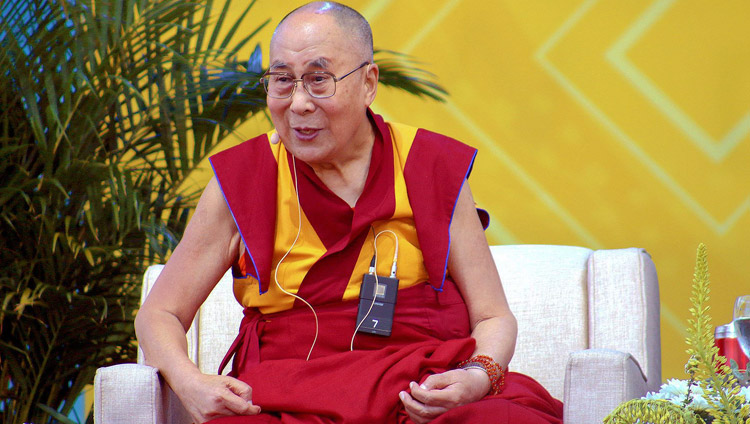 His Holiness the Dalai Lama answering questions from the audience during his talk at UC San Diego's RIMAC Field in San Diego, CA, USA on June 16, 2017. Photo by UCSD