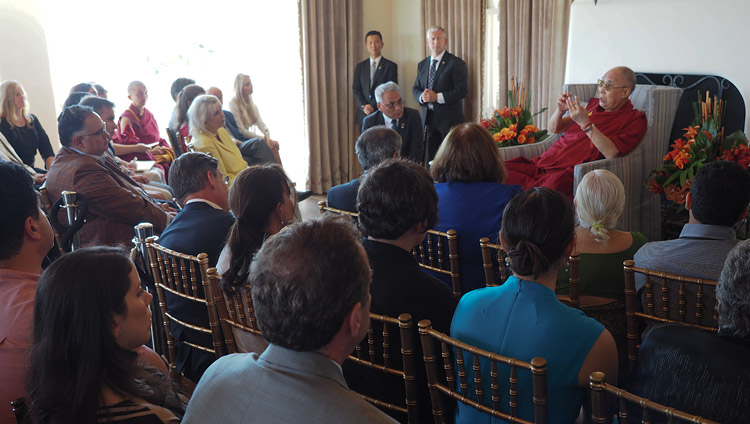 His Holiness the Dalai Lama interacting with friends and supporters of the University of California San Diego at the Chancellor’s residence in San Diego, CA, USA on June 16, 2017. Photo by Jeremy Russell/OHHDL