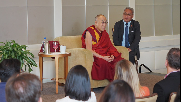 His Holiness the Dalai Lama speaking to members of the Young Presidents' Organization (YPO) in Newport Beach, CA, USA on June 19, 2017. Photo by Jeremy Russell/OHHDL