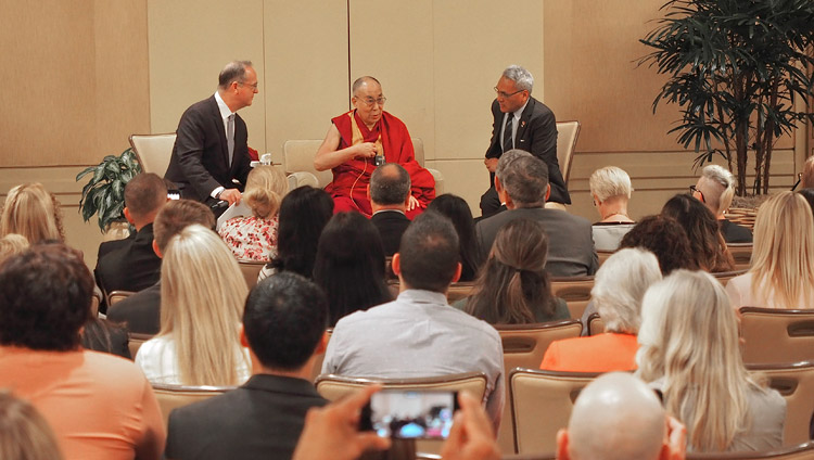 His Holiness the Dalai Lama speaking to school principals and teachers in Newport Beach, CA, USA on June 20, 2017. Photo by Jeremy Russell/OHHDL