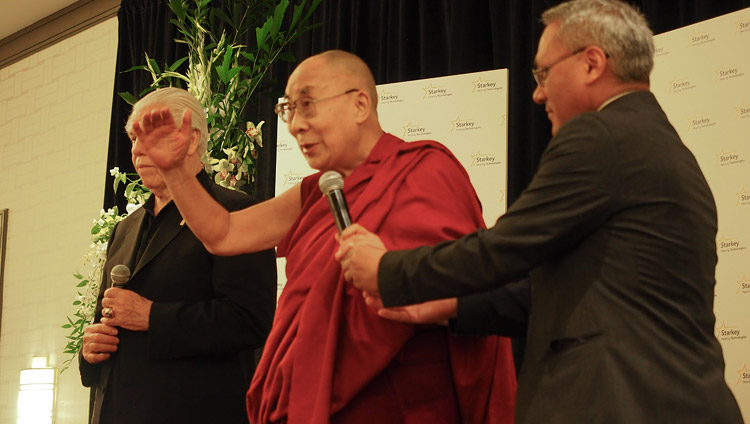 His Holiness the Dalai Lama speaking to Starkey employees during his visit to Starkey Hearing Technologies in Minneapolis, MN, USA on June 22, 2017. Photo by Jeremy Russell/OHHDL