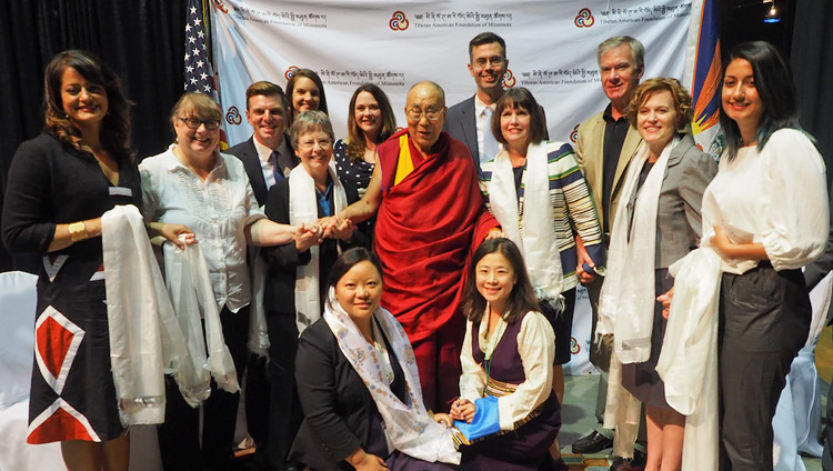 His Holiness the Dalai Lama with local government representatives including State Senator Carolyn Laine, Minneapolis Mayor Betsy Hodges and Congresswoman Betty McCollum before his meeting with members of the Tibetan community in Mineapolis, MN, USA on June 24, 2017. Photo by Jeremy Russell/OHHDL