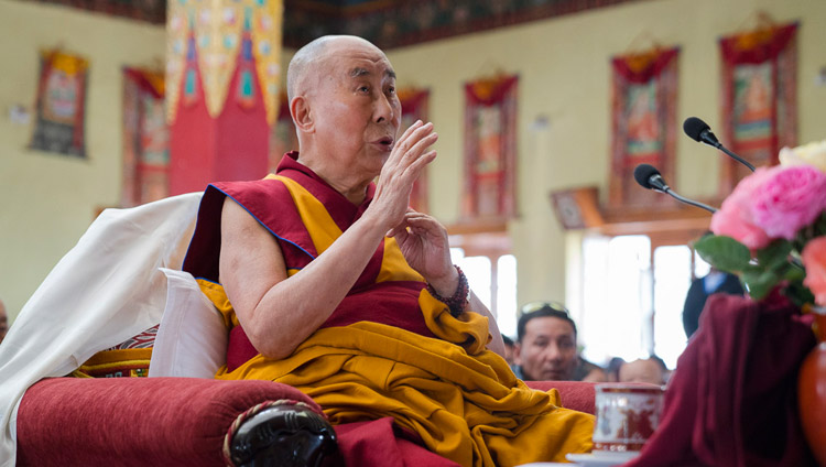 His Holiness the Dalai Lama reciting prayers at the Jokhang in Leh, Ladakh, J&K, India on July 5, 2017. Photo by Tenzin Choejor/OHHDL