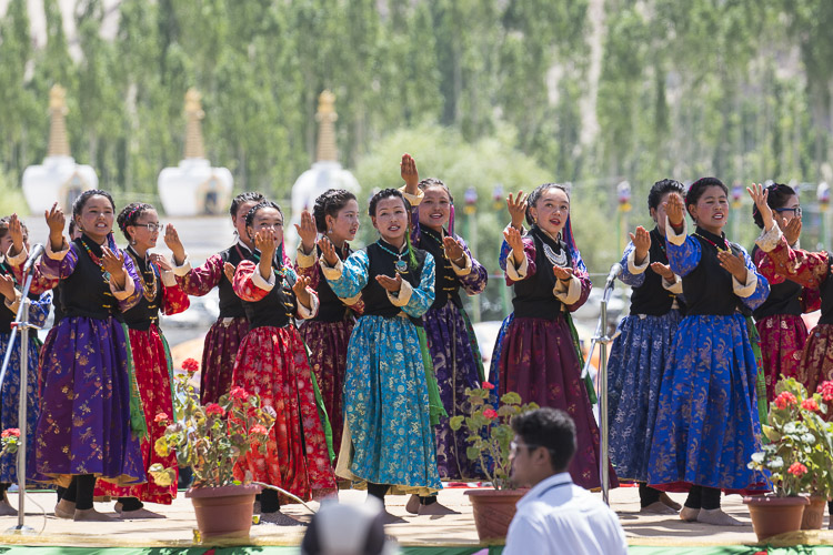 Ladakhi girls performing during celebrations in honor of His Holiness the Dalai Lama's 82nd birthday in Leh, Ladakh, J&K, India on July 6, 2017. Photo by Tenzin Choejor/OHHDL