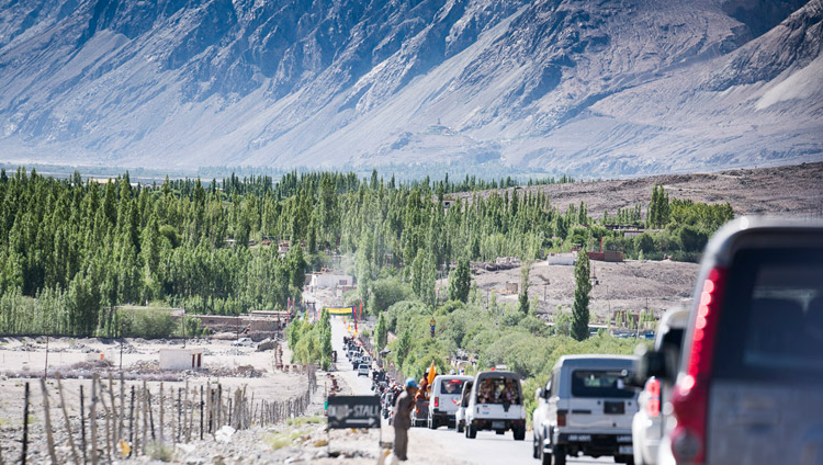 His Holiness the Dalai Lama's motorcade approaching Disket in Nubra Valley, J&K, India on July 10, 2017. Photo by Tenzin Choejor/OHHDL