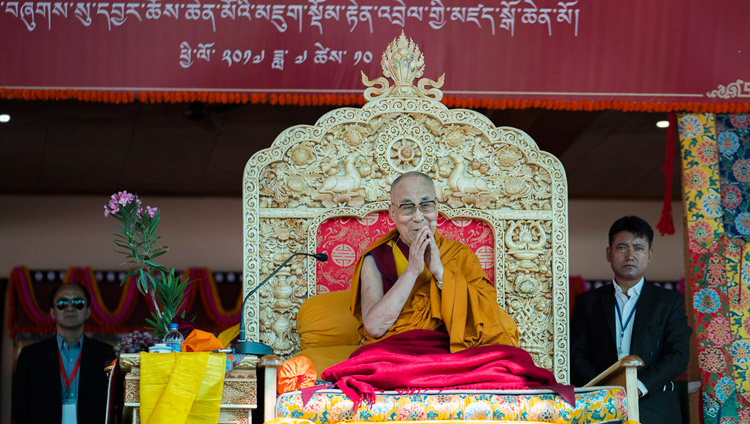 His Holiness the Dalai Lama during prayers at the start of the first day of his teachings in Disket, Nubra Valley, J&K, India on July 11, 2017. Photo by Tenzin Choejor/OHHDL