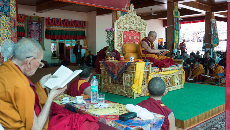 His Holiness the Dalai Lama during the first day of his teachings in Disket, Nubra Valley, J&K, India on July 11, 2017. Photo by Tenzin Choejor/OHHDL